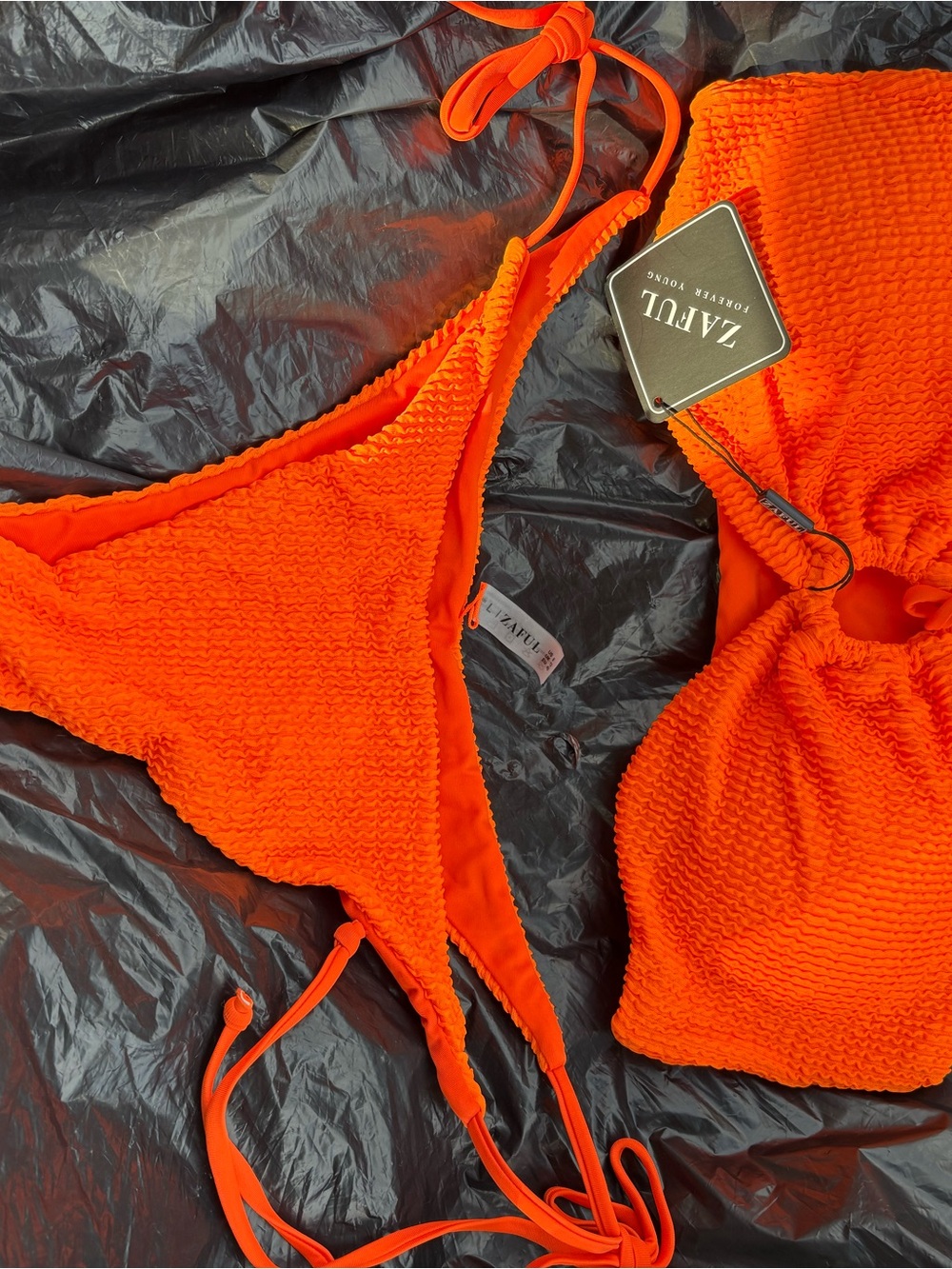 Zaful Bright Orange Textured Bandeau Bikini Set
